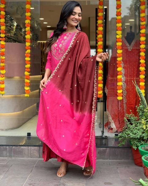 Pink color beautiful Chinon fabric glamorous partywear suit For Girls and Women Anarkali Kurtis 