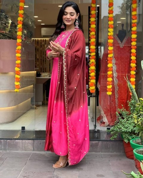 Pink color beautiful Chinon fabric glamorous partywear suit For Girls and Women Anarkali Kurtis 