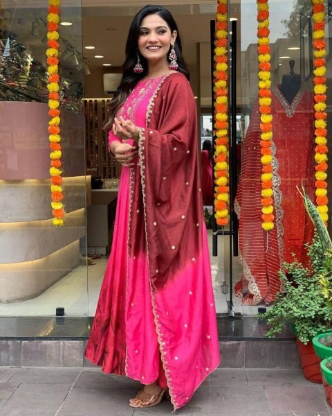 Pink color beautiful Chinon fabric glamorous partywear suit For Girls and Women Anarkali Kurtis 