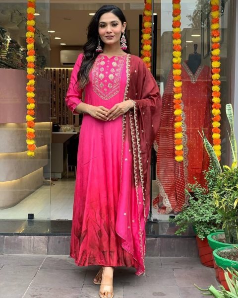 Pink color beautiful Chinon fabric glamorous partywear suit For Girls and Women Anarkali Kurtis 