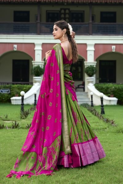 Pink Color Dola Silk Shibori Print Saree Lehenga Choli Set Half Saree Lehenga