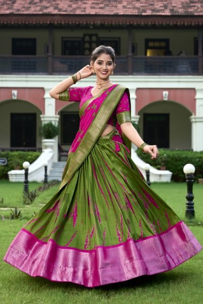 Pink Color Dola Silk Shibori Print Saree Lehenga Choli Set Half Saree Lehenga