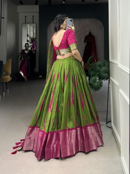 Pink Color Dola Silk Shibori Print Saree Lehenga Choli Set Half Saree Lehenga