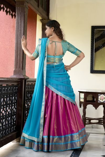 Pink Color Zari Weaving Kachipuram Trendy Lehenga Choli Set Half Saree Lehenga