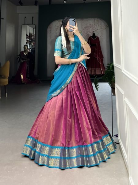 Pink Color Zari Weaving Kachipuram Trendy Lehenga Choli Set Half Saree Lehenga