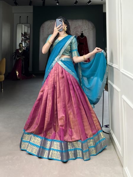 Pink Color Zari Weaving Kachipuram Trendy Lehenga Choli Set Half Saree Lehenga