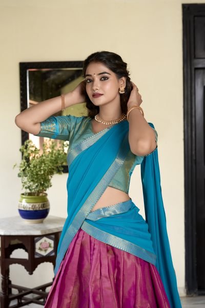 Pink Color Zari Weaving Kachipuram Trendy Lehenga Choli Set Half Saree Lehenga