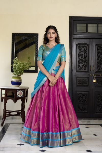 Pink Color Zari Weaving Kachipuram Trendy Lehenga Choli Set Half Saree Lehenga