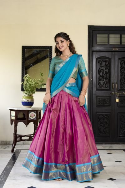 Pink Color Zari Weaving Kachipuram Trendy Lehenga Choli Set Half Saree Lehenga
