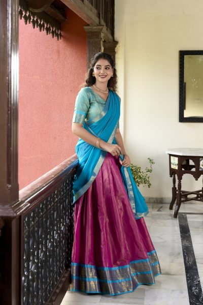 Pink Color Zari Weaving Kachipuram Trendy Lehenga Choli Set Half Saree Lehenga