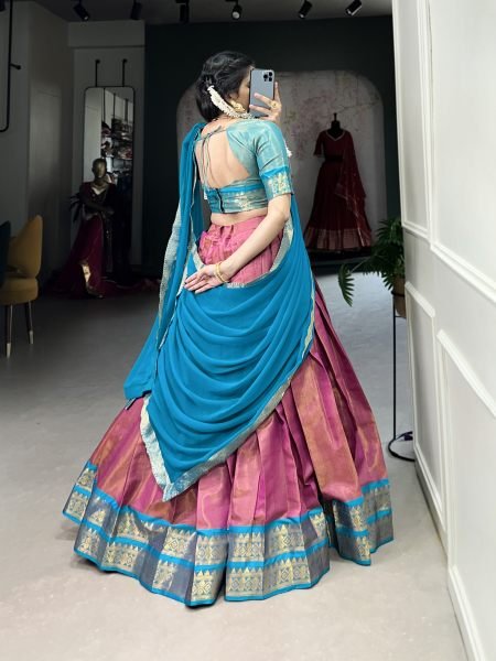 Pink Color Zari Weaving Kachipuram Trendy Lehenga Choli Set Half Saree Lehenga