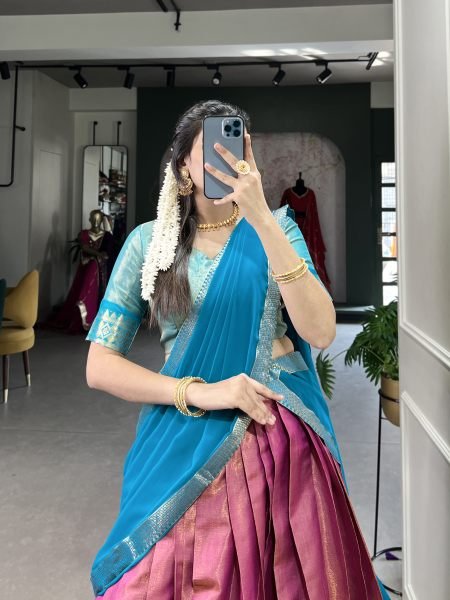 Pink Color Zari Weaving Kachipuram Trendy Lehenga Choli Set Half Saree Lehenga