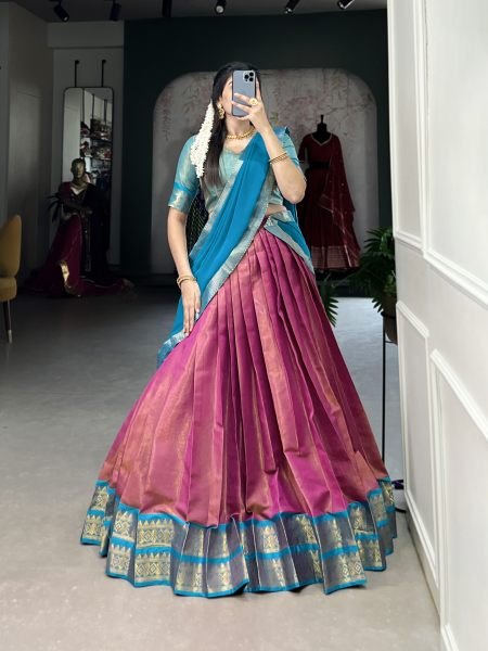 Pink Color Zari Weaving Kachipuram Trendy Lehenga Choli Set Half Saree Lehenga