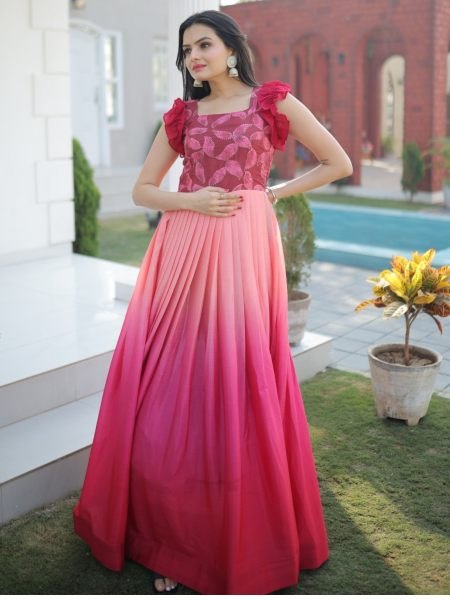 Pink  Colour Designer Chinon Silk Gown 