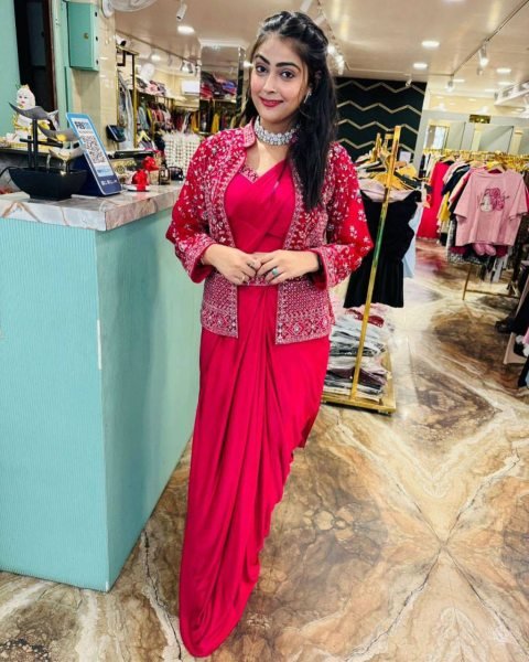 Pink Crepe Silk Ready Made Saree with Embroidered And Sequence Jacket Koti For Festive Wear Ready To Wear Saree 