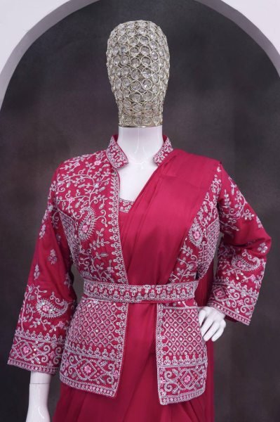 Pink Crepe Silk Ready Made Saree with Embroidered And Sequence Jacket Koti For Festive Wear Ready To Wear Saree 