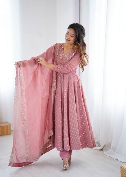 Pink Crunchy Silk Sequence Embroidery Anarkali Gown Suit with Pant Ready to Wear for Weddings  Ready To Wear Collection