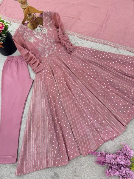 Pink Crunchy Silk Sequence Embroidery Anarkali Gown Suit with Pant Ready to Wear for Weddings  Ready To Wear Collection