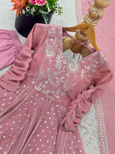 Pink Crunchy Silk Sequence Embroidery Anarkali Gown Suit with Pant Ready to Wear for Weddings  Ready To Wear Collection