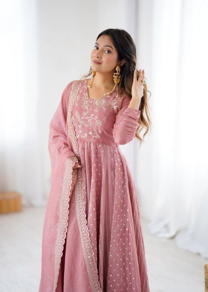 Pink Crunchy Silk Sequence Embroidery Anarkali Gown Suit with Pant Ready to Wear for Weddings  Ready To Wear Collection