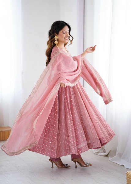 Pink Crunchy Silk Sequence Embroidery Anarkali Gown Suit with Pant Ready to Wear for Weddings  Ready To Wear Collection