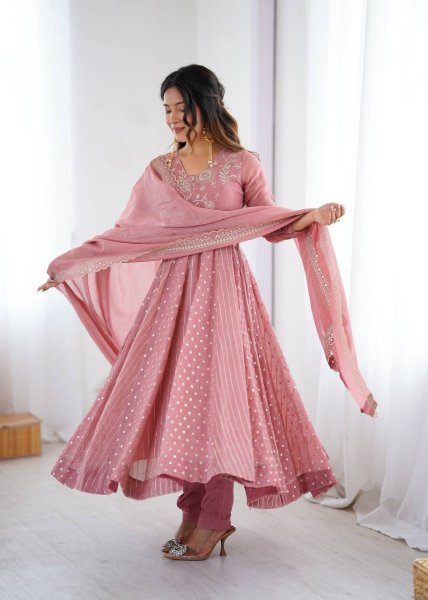 Pink Crunchy Silk Sequence Embroidery Anarkali Gown Suit with Pant Ready to Wear for Weddings  Ready To Wear Collection