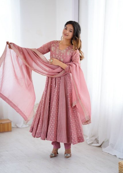 Pink Crunchy Silk Sequence Embroidery Anarkali Gown Suit with Pant Ready to Wear for Weddings  Ready To Wear Collection