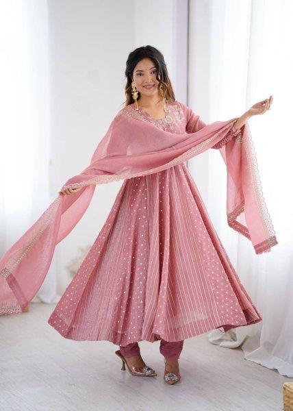 Pink Crunchy Silk Sequence Embroidery Anarkali Gown Suit with Pant Ready to Wear for Weddings  Ready To Wear Collection