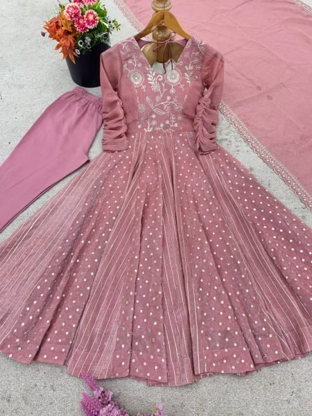 Pink Crunchy Silk Sequence Embroidery Anarkali Gown Suit with Pant Ready to Wear for Weddings  Ready To Wear Collection