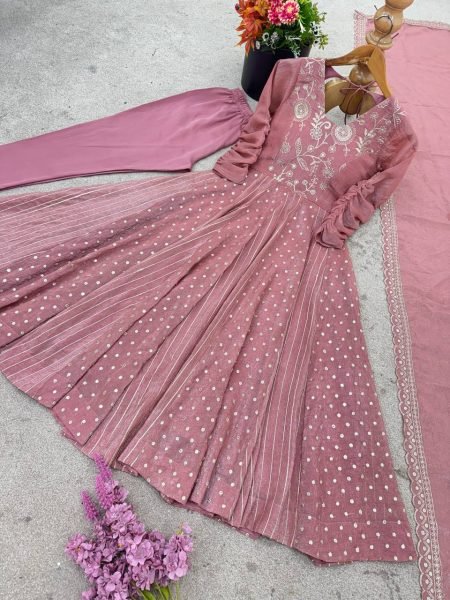 Pink Crunchy Silk Sequence Embroidery Anarkali Gown Suit with Pant Ready to Wear for Weddings  Ready To Wear Collection