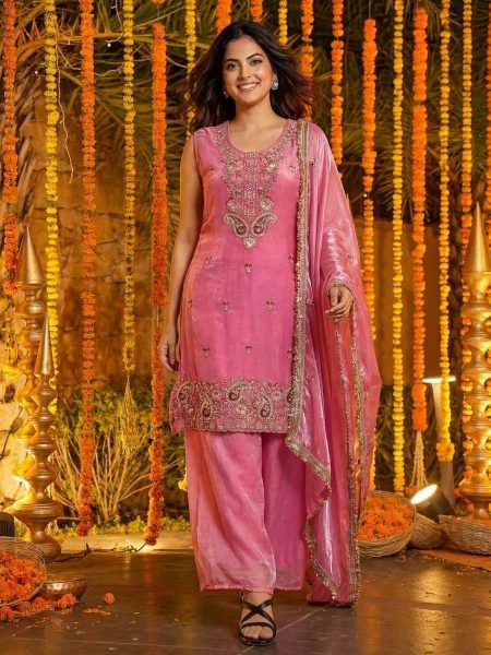 Pink Designer Bead Work Kurti Palazzo Set with Dupatta Boutique Wholesale Collection Ready To Wear Suit