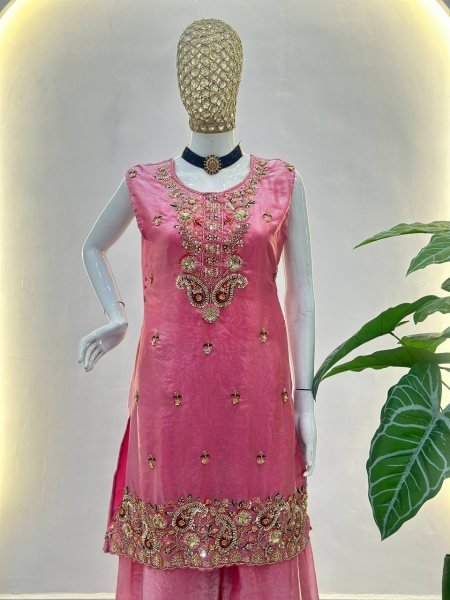 Pink Designer Bead Work Kurti Palazzo Set with Dupatta Boutique Wholesale Collection Ready To Wear Collection