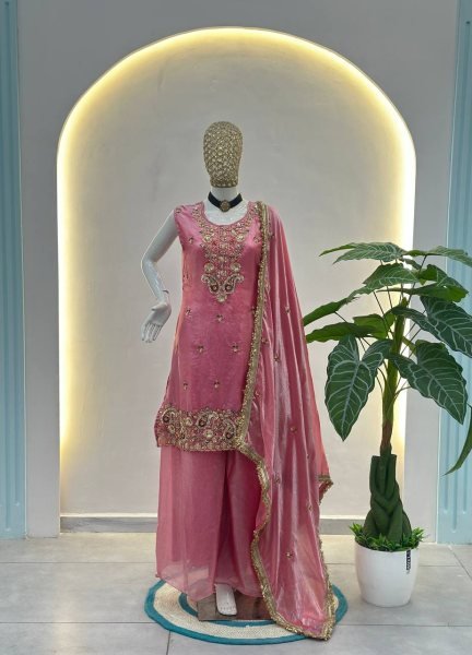 Pink Designer Bead Work Kurti Palazzo Set with Dupatta Boutique Wholesale Collection Ready To Wear Collection