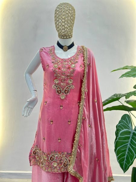 Pink Designer Bead Work Kurti Palazzo Set with Dupatta Boutique Wholesale Collection Ready To Wear Collection