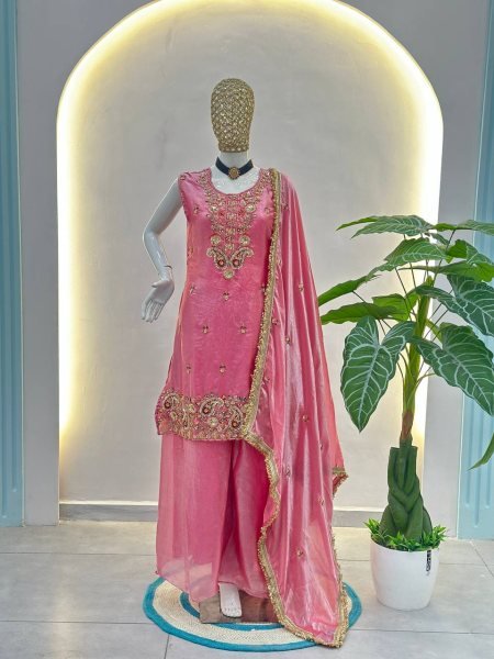 Pink Designer Bead Work Kurti Palazzo Set with Dupatta Boutique Wholesale Collection Ready To Wear Collection
