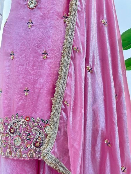 Pink Designer Bead Work Kurti Palazzo Set with Dupatta Boutique Wholesale Collection Ready To Wear Collection