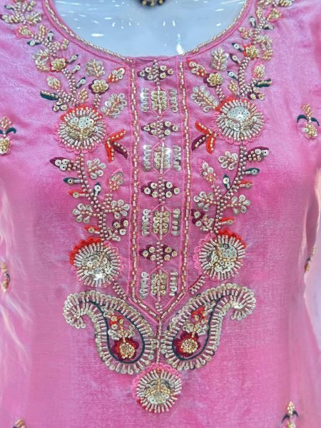 Pink Designer Bead Work Kurti Palazzo Set with Dupatta Boutique Wholesale Collection Ready To Wear Collection