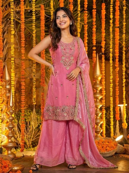 Pink Designer Bead Work Kurti Palazzo Set with Dupatta Boutique Wholesale Collection Ready To Wear Collection