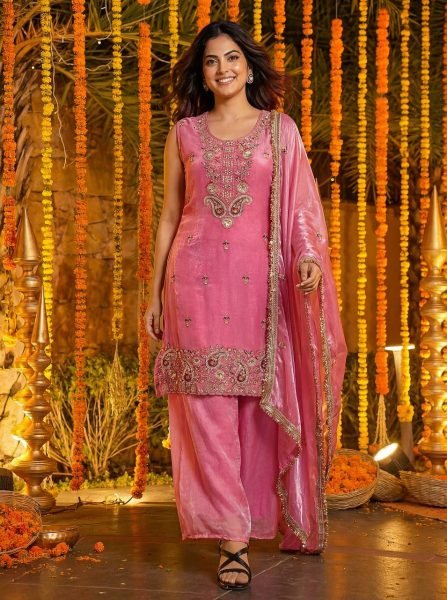 Pink Designer Bead Work Kurti Palazzo Set with Dupatta Boutique Wholesale Collection Ready To Wear Collection