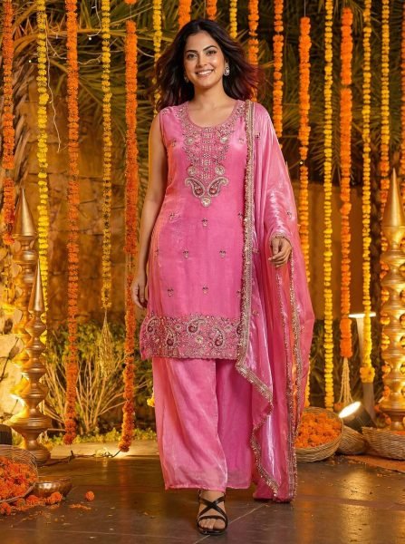Pink Designer Bead Work Kurti Palazzo Set with Dupatta Boutique Wholesale Collection Ready To Wear Collection