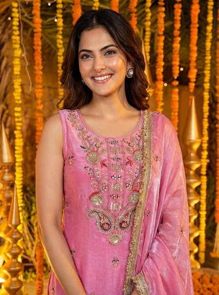 Pink Designer Bead Work Kurti Palazzo Set with Dupatta Boutique Wholesale Collection Ready To Wear Collection