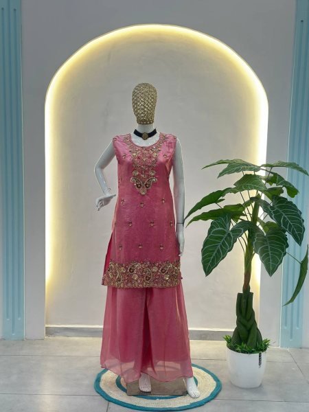 Pink Designer Bead Work Kurti Palazzo Set with Dupatta Boutique Wholesale Collection Ready To Wear Collection