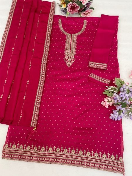 Pink Designer Dola Silk Salwar Suit with Embroidered Chinon Bottom for Festive Wear Designer Plazzo Salwar Suits Wholesale
