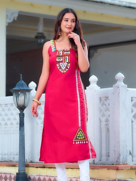 Pink Designer Kutchi Kurti Roman Silk with Mirror Patch Traditional Sleeveless Festive Wear  Shop by Occasion