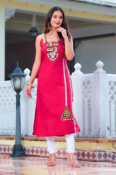 Pink Designer Kutchi Kurti Roman Silk with Mirror Patch Traditional Sleeveless Festive Wear  Navratri Collection