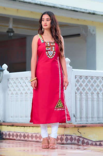 Pink Designer Kutchi Kurti Roman Silk with Mirror Patch Traditional Sleeveless Festive Wear  Navratri Collection