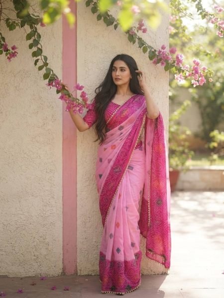 Dapper Pink Designer Space Silk Bandhani Print Saree with Bhungali Work Sarees 