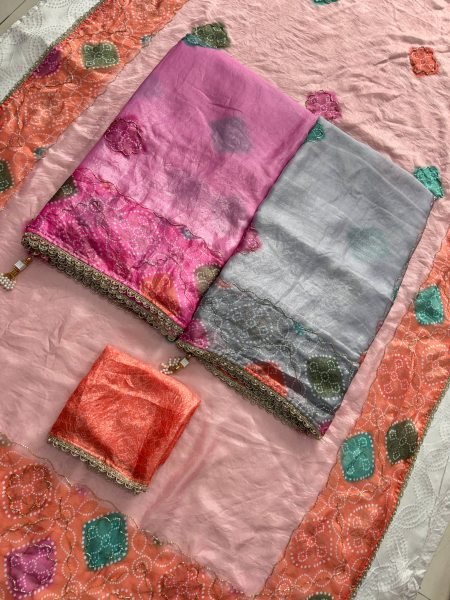 Dapper Pink Designer Space Silk Bandhani Print Saree with Bhungali Work Silk Sarees Wholesale