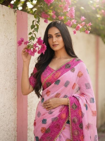 Dapper Pink Designer Space Silk Bandhani Print Saree with Bhungali Work Silk Sarees Wholesale