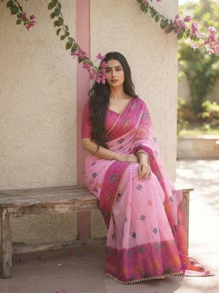 Dapper Pink Designer Space Silk Bandhani Print Saree with Bhungali Work Silk Sarees Wholesale
